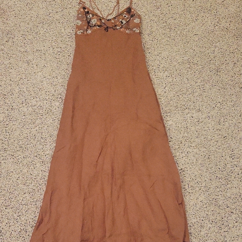 Linen Maxi Dress Italy Italian Brown Flowers Charm Chain Small Xsmall